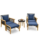 Costway 5 Pcs Patio Acacia Wood Wicker Woven Furniture Set with Coffee Table & 2 Ottomans