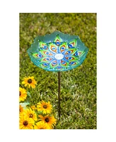 Evergreen Peacock Glass Bird Bath with Metal Stake