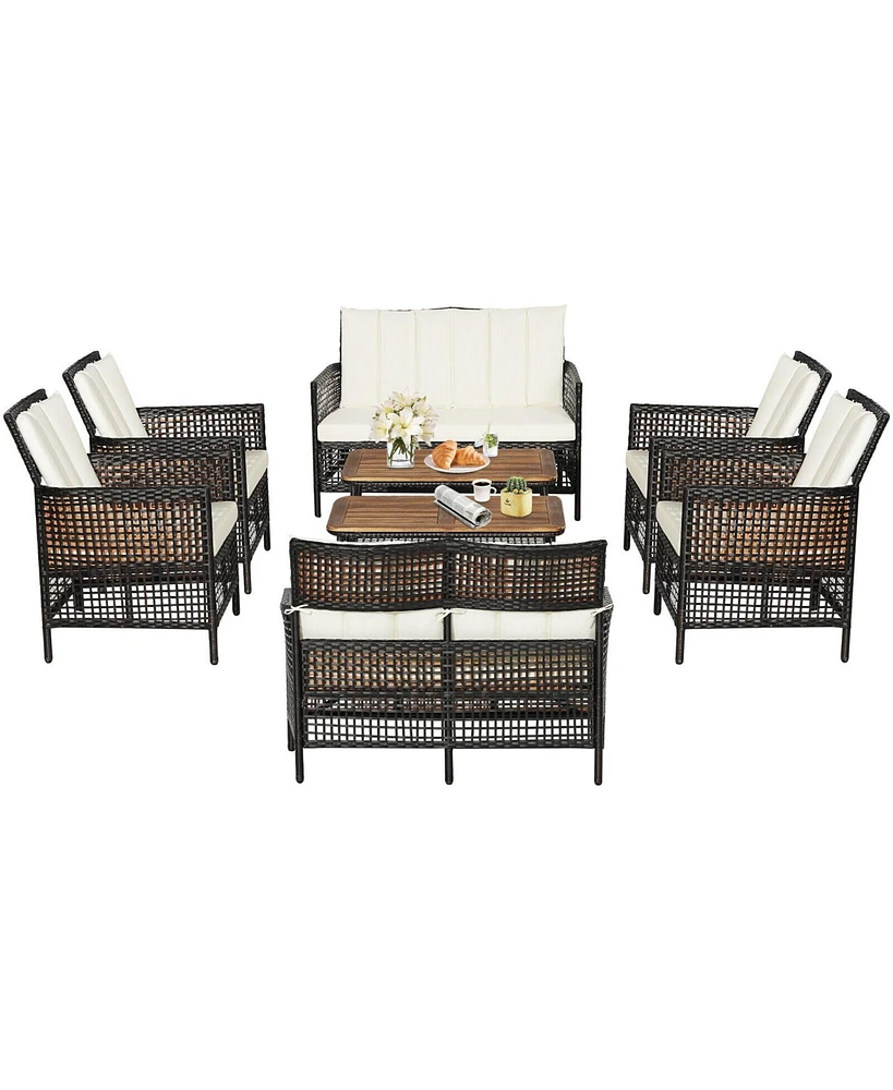 Gymax 8PCS Cushioned Patio Pe Wicker Conversation Furniture Set w/ Acacia Wood Tabletop