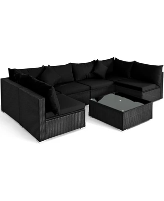 Gymax 7PCS Rattan Patio Conversation Set Sectional Furniture Set w/ Black Cushion