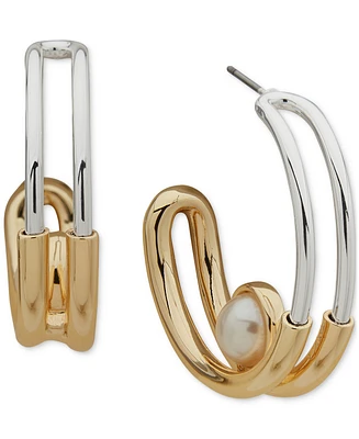 Anne Klein Two-Tone Medium Imitation Pearl Double-Row C-Hoop Earrings, 1.1"