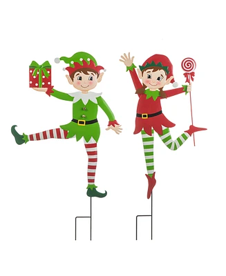 Glitzhome 35.75"H Set of 2 Christmas Metal Dancing Elf Yard Stake or Wall Decor