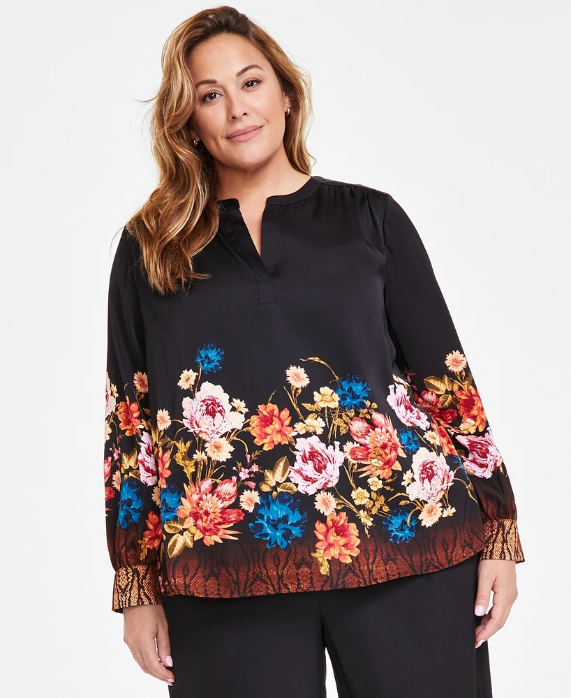 Jm Collection Plus Printed Satin Split-Neck Top