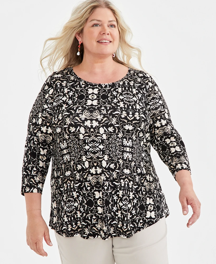 Jm Collection Plus Printed Scoop-Neck Top, Created for Macy's