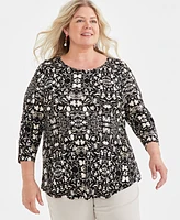 Jm Collection Plus Printed 3/4-Sleeve Top, Created for Macy's