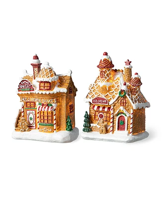 Glitzhome 7.25"H Set of 2 Lighted Resin Christmas Gingerbread House Table Decor