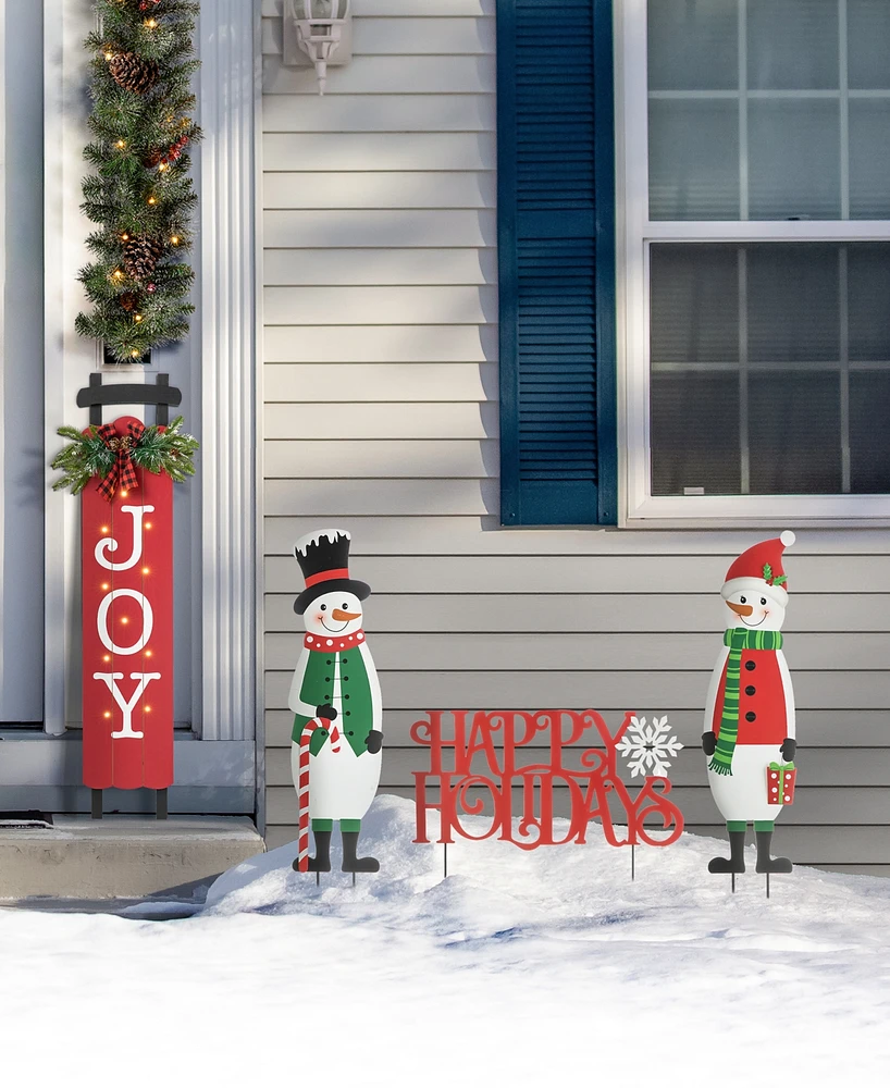 Glitzhome 32"H Set of 3 Christmas Metal Snowman and Happy Holidays Yard Stake