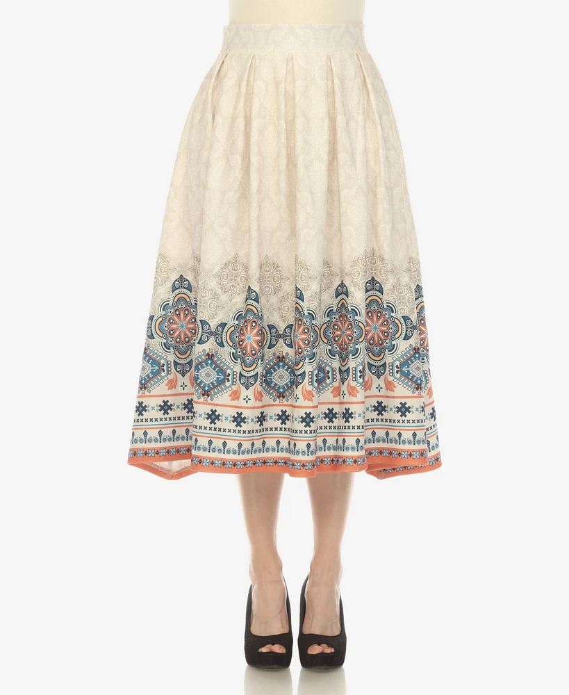 Women's Border Prints Pleated Midi Skirt