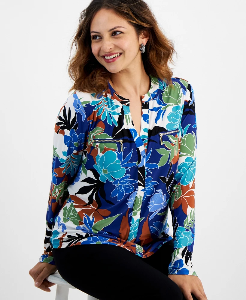 I.n.c. International Concepts Petite Floral-Print Zippered-Pocket Top, Created for Macy's