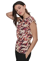 Dkny Women's Printed Pleated Cap Sleeve Blouse