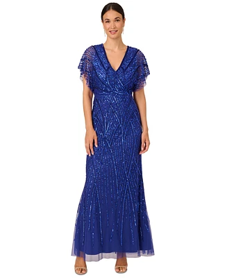 Adrianna Papell Petite Sequin Mesh Capelet-Sleeve Gown