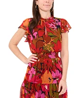 Msk Petite Floral Smocked-Waist Flutter-Sleeve Dress