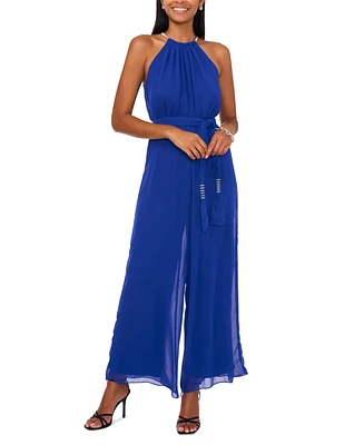 Msk Women's Halter Sleeveless Tie-Waist Wide-Leg Jumpsuit