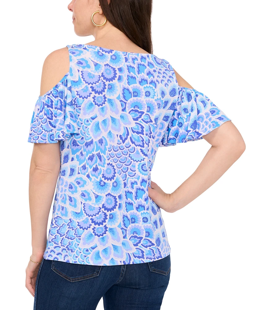 Sam & Jess Petite Printed Cold-Shoulder Flutter-Sleeve Top