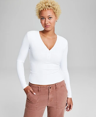 And Now This Women's Ribbed Henley-Neck Long-Sleeve Top, Created for Macy's