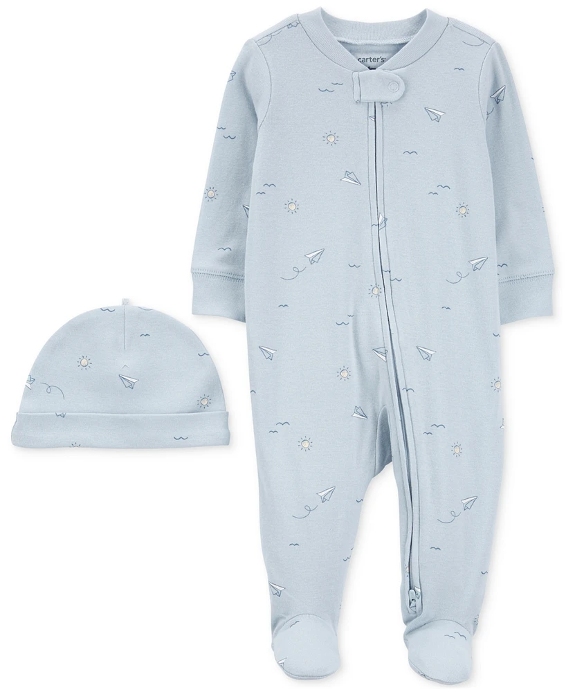 Carter's Baby Boys Cotton Airplane-Print Footed Sleep & Play Coverall Cap, 2 Piece Set