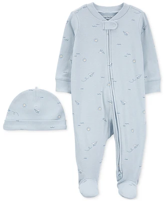 Carter's Baby Boys Cotton Airplane-Print Footed Sleep & Play Coverall Cap, 2 Piece Set