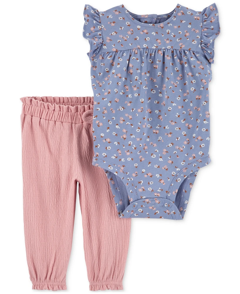 Carter's Baby Girls 2-Pc. Floral-Print Bodysuit & Bow-Detail Pants Set