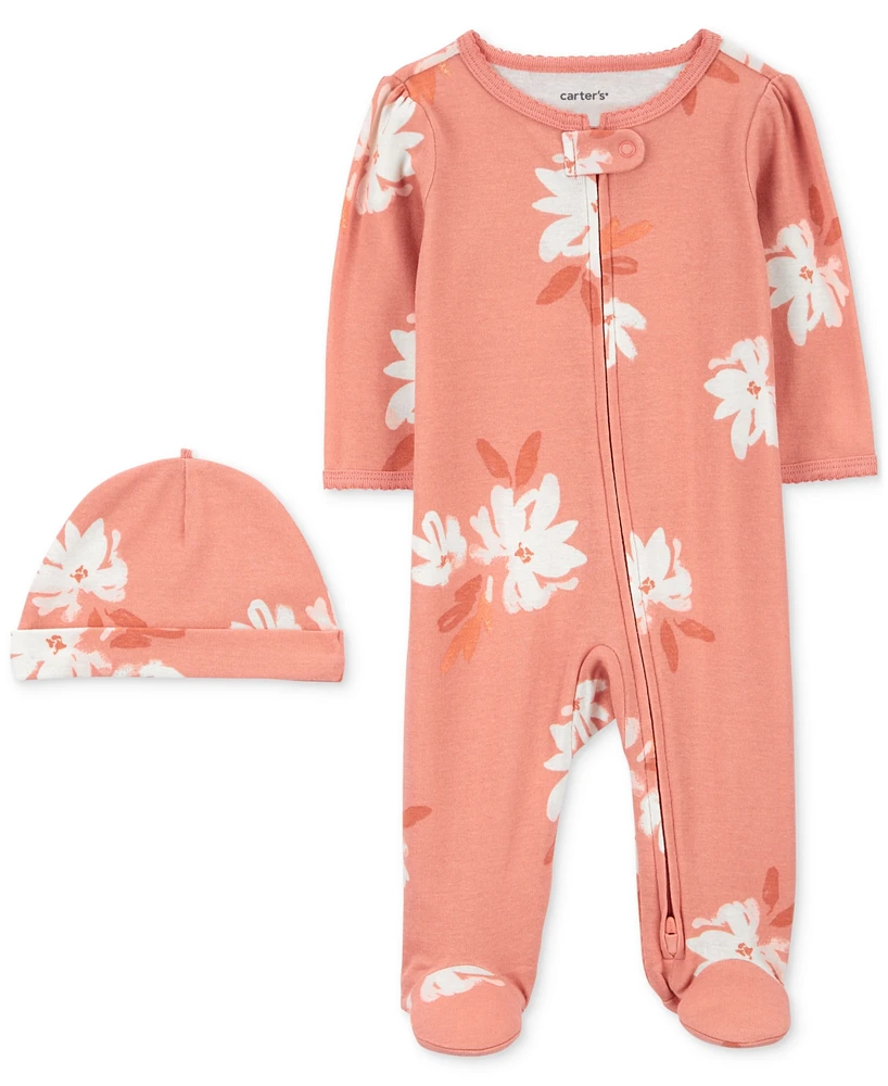 Carter's Baby Cotton 2-Way-Zip Footed Sleep & Play Coverall Cap, 2 Piece Set