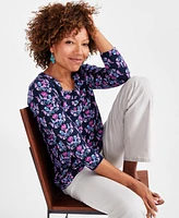 Style & Co Petite Mirrored Bouquet Square-Neck Cotton Top, Created for Macy's