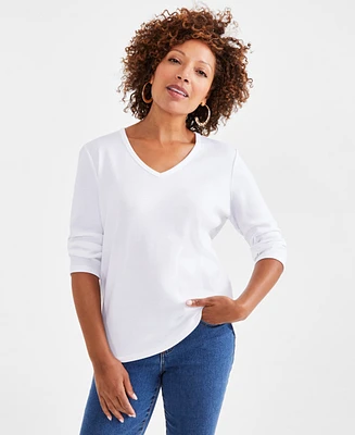 Style & Co Women's Cotton 3/4-Sleeve V-Neck Tee, Created for Macy's