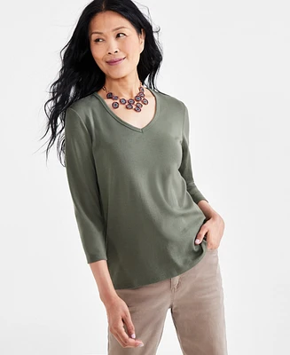 Style & Co Women's Cotton 3/4-Sleeve V-Neck Tee, Created for Macy's