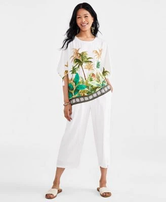 Jm Collection Womens Linen Blend Palm Print Tunic Top Cropped Pants Created For Macys