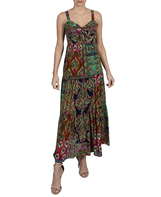 Robbie Bee Petite Printed Sweetheart-Neck Tiered Maxi Dress