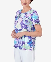 Alfred Dunner Women's Pleated Neck Floral Short Sleeve Tee