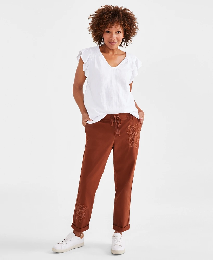 Style & Co Women's Floral-Embroidered Pull-On Pants, Created for Macy's