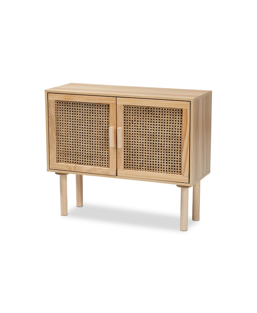 Baxton Studio Maclean Mid-Century Modern Rattan and Natural Brown Finished Wood 2-Door Sideboard Buffet