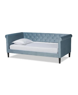 Baxton Studio Cora Modern and Contemporary Light Blue Velvet Fabric Upholstered and Dark Brown Finished Wood Twin Size Daybed