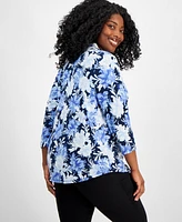 Jm Collection Plus Linear Garden V-Neck Top, Created for Macy's