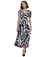 Karl Lagerfeld Paris Women's Printed Tie-Waist Tiered V-Neck Dress