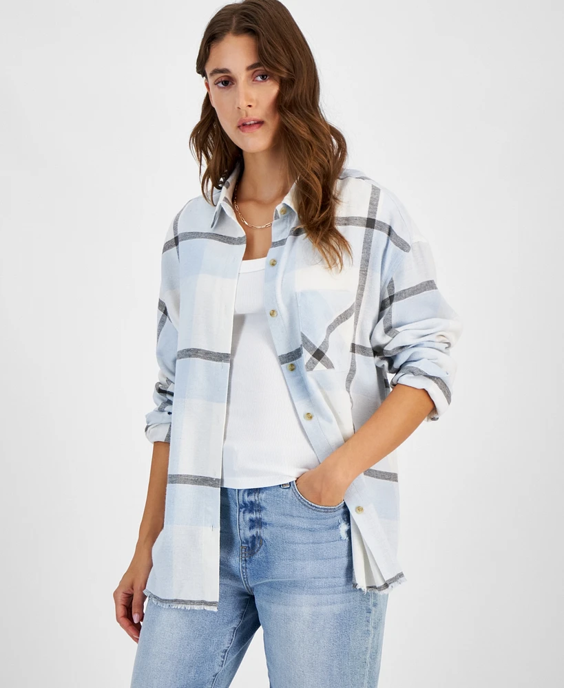 Just Polly Juniors' Girlfriend Frayed-Hem Plaid Shirt