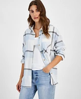 Just Polly Juniors' Girlfriend Frayed-Hem Plaid Shirt