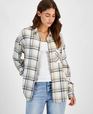 Just Polly Juniors' Girlfriend Frayed-Hem Plaid Shirt