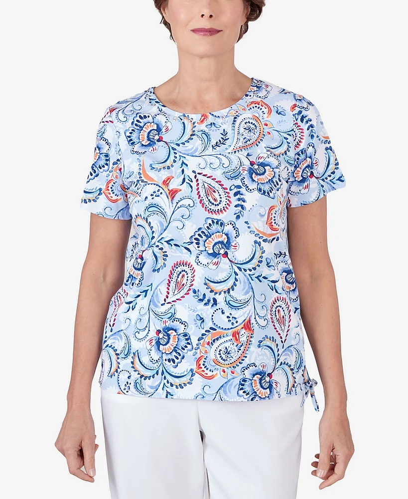 Alfred Dunner Petite Paisley Printed Drawstring Hem Short Sleeve Tee