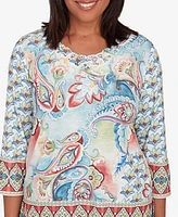 Alfred Dunner Petite Sedona Sky Embellished Medallion Paisley Top