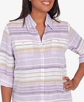 Alfred Dunner Petite Charm School Horizontal Stripe Button Down Top