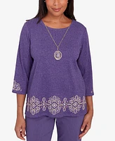 Alfred Dunner Petite Charm School Embroidered Medallion Necklace Top