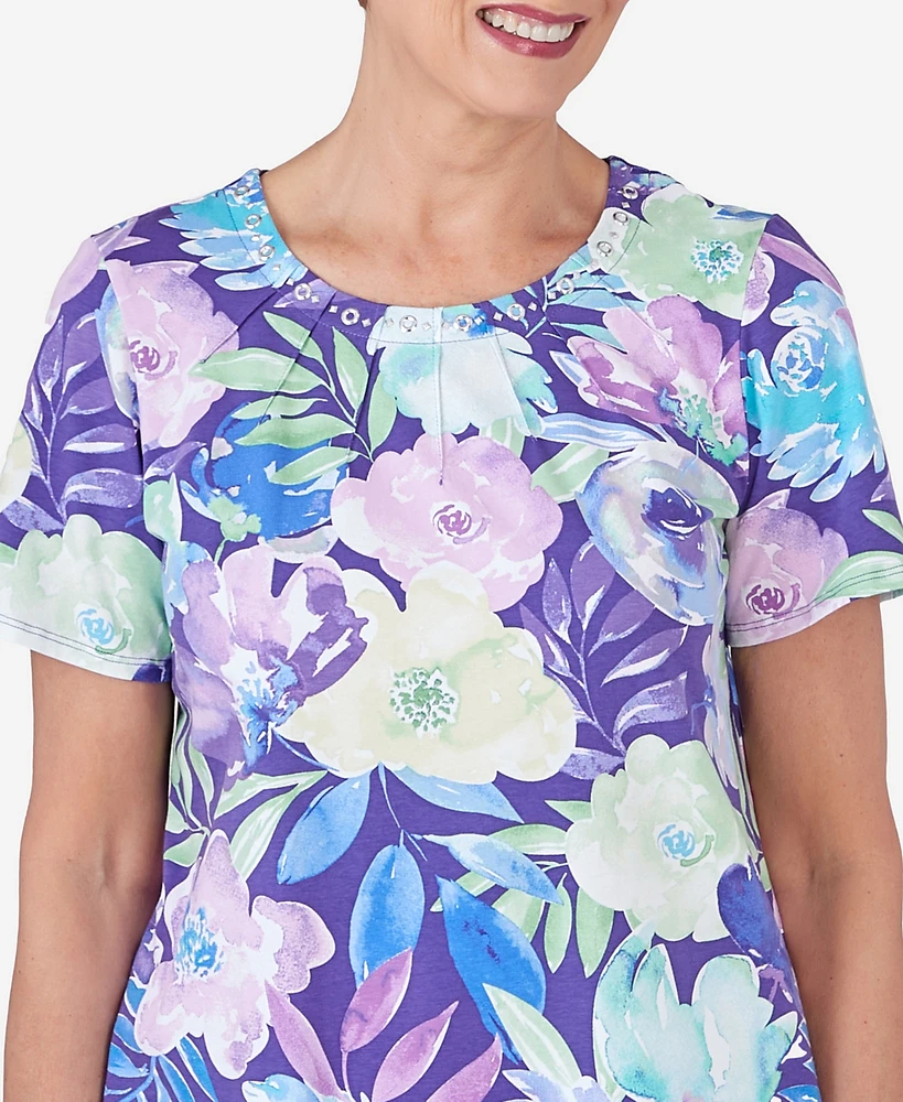 Alfred Dunner Petite Pleated Neck Floral Short Sleeve Tee