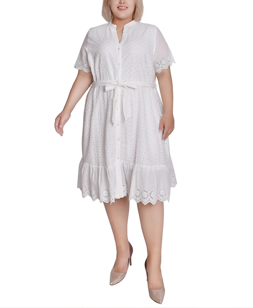 Ny Collection Plus Size Short Sleeve Eyelet Flounced Dress