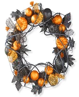 National Tree Company 20" Artificial Halloween Wreath, Decorated with Multicolored Pumpkins, Gourds, Ball Ornaments, Ribbons, Vines, Assorted Leaves