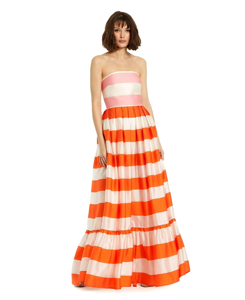 Mac Duggal Women's Striped Organza Strapless Ruffle Maxi Dress