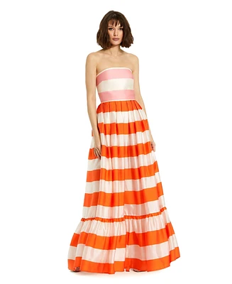 Mac Duggal Women's Striped Organza Strapless Ruffle Maxi Dress