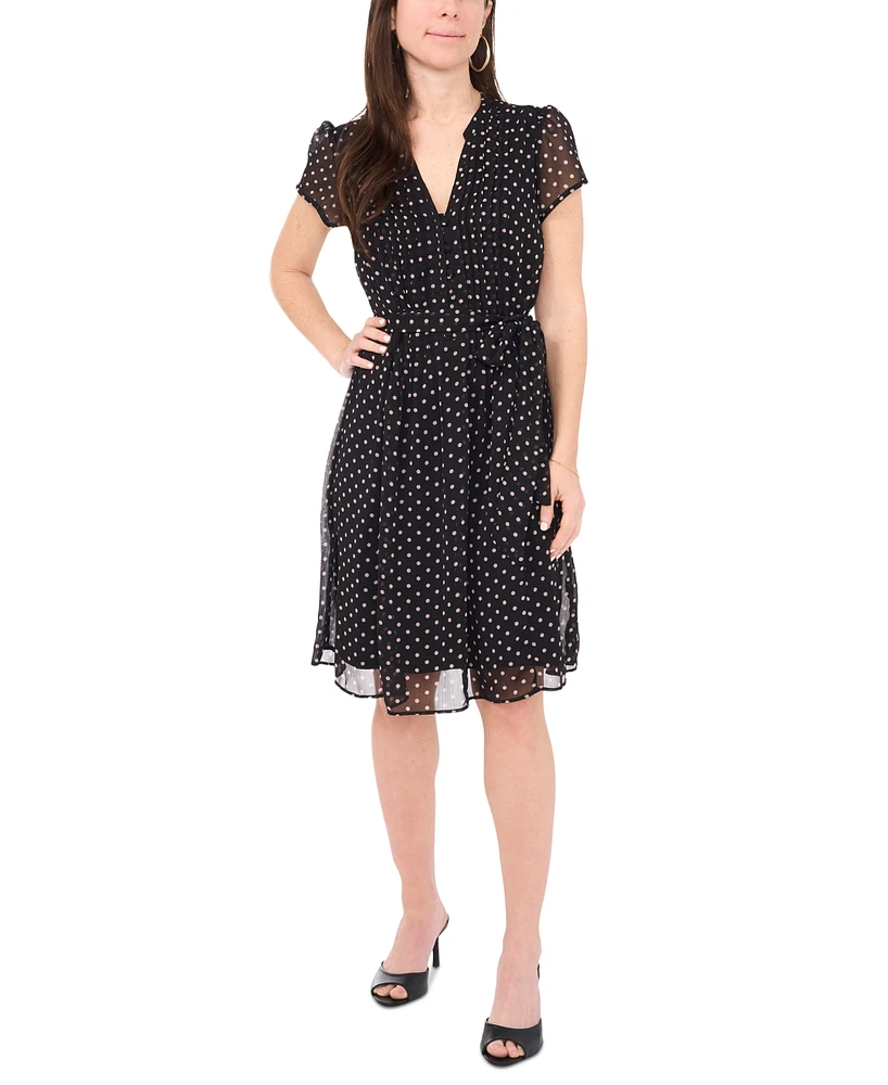 Msk Petite Dot-Print Split-Neck Short-Sleeve Dress