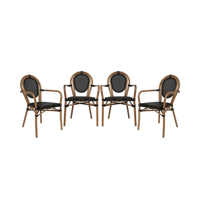 Emma+Oliver Massalia Set Of Four Indoor/Outdoor Stacking Thonet French Bistro Style Chairs With Arms, Textilene Seat And Bamboo Finished Metal Frame