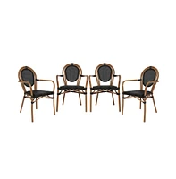 Emma+Oliver Massalia Set Of Four Indoor/Outdoor Stacking Thonet Bistro Style Chairs With Arms, Textilene Seat And Bamboo Finished Metal Frame