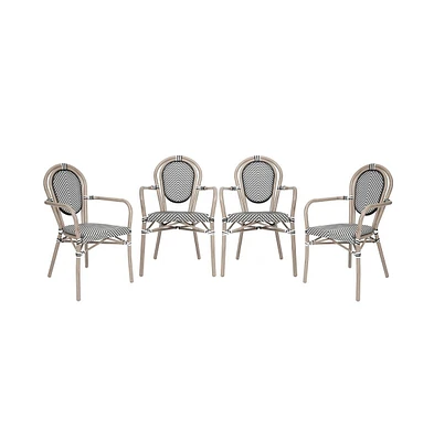 Merrick Lane Mael Set Of Four Stacking Thonet French Bistro Style Chair With Arms, Textilene Seat, And Bamboo Finished Metal Frame For Indoor/Outdoor